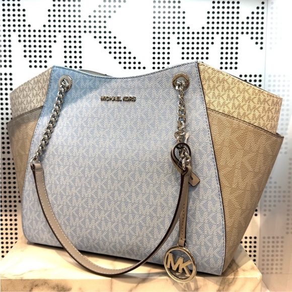 Michael Kors Jet Set LG Color-Block Signature Logo Shoulder Bag Light Sky Multi - Picture 2 of 11